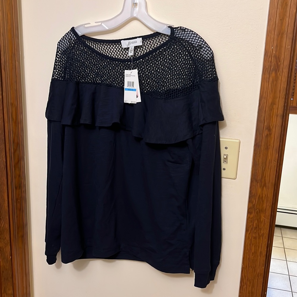 Jessica Simpson long sleeve, navy blue jersey with lace detail